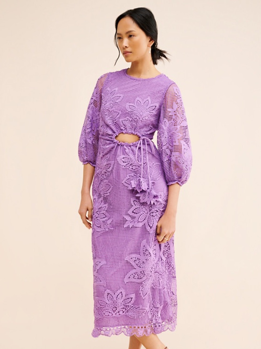 FARM Rio Lilac Guipure Cut-Out Midi Dress Size XXS